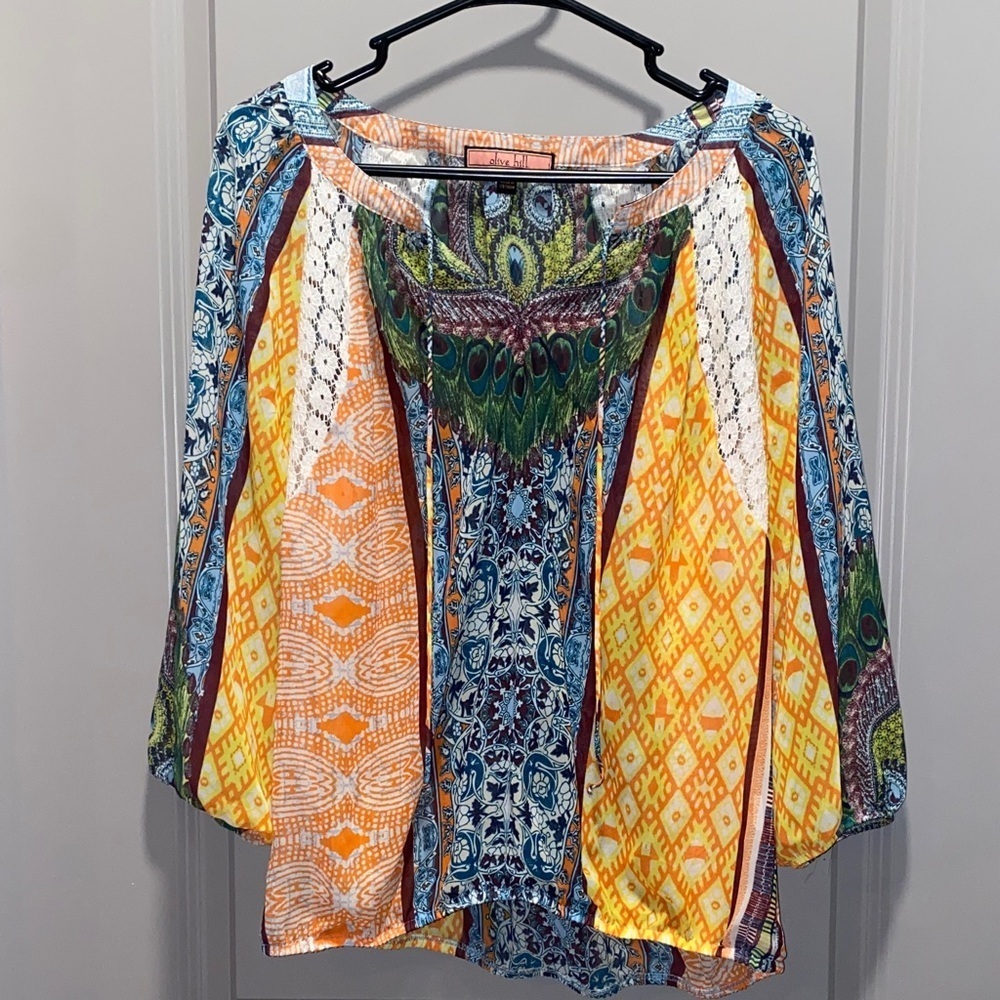 Olive Hill Patchwork Print Blouse M Multicolor Boho Art to Wear Peasant Top